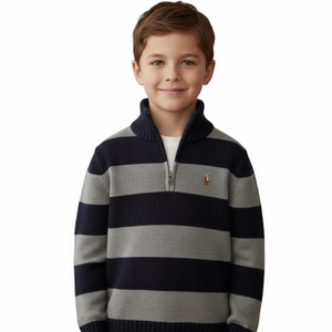 Polo Ralph Lauren Navy Gray Horizontal Stripe Pullover 1/4 Zip Sweater 10/12 Boy